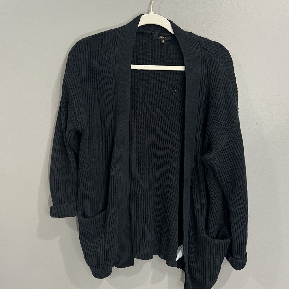 Quince Cardigan Women XS Black Great Organic Cotton Shaker Open Front Pocket